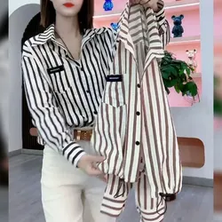 Casual Striped Loose Shirt Spring Autumn New Polo-Neck Women's Clothing Commute Single-breasted Korean Fashion Drawstring Blouse