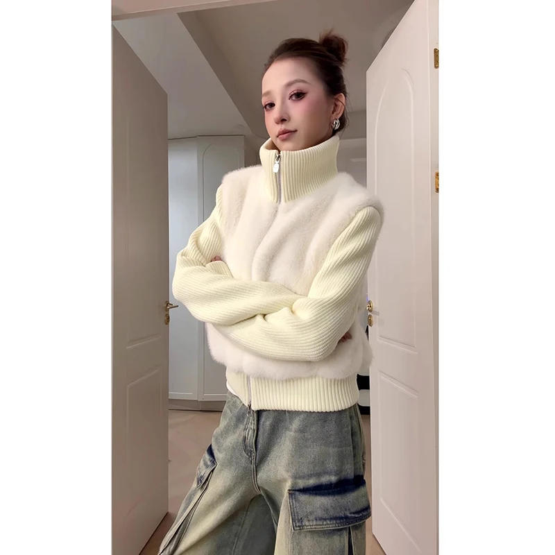 Outono inverno ort malha pele de esquilo jaet feminino quente outerwear branco retalhos design comute sle fibra de poliéster