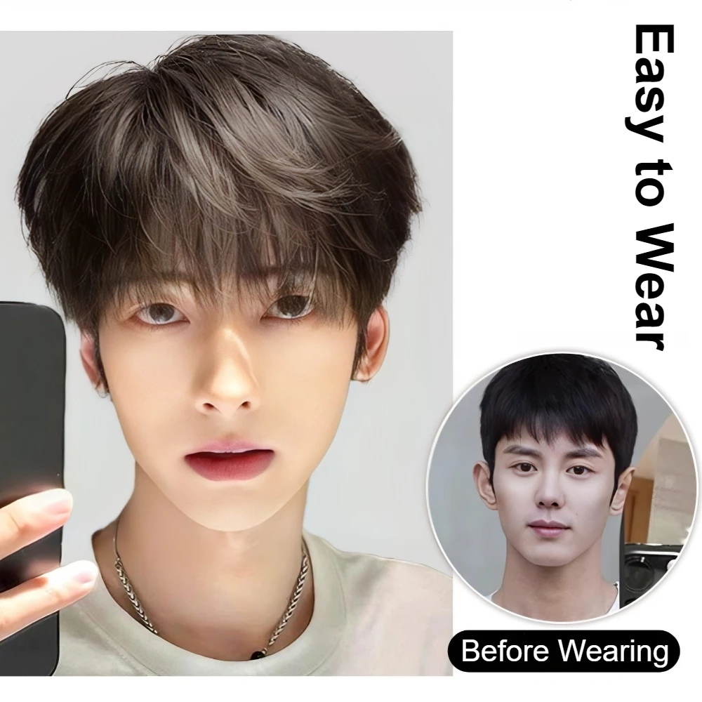 أزياء الاصطناعية شعر مستعار مستقيم للرجال رقيق الشعر القصير نمط تأثيري الباروكات الطبيعية غطاء رأس أسود الكورية الذكور شعر مستعار يومي