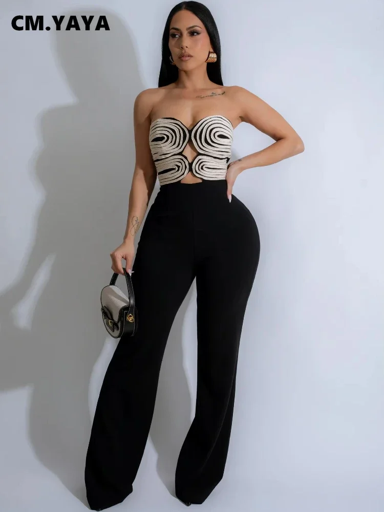 CM.YAYA Women Strapless Hollow Out Wide Leg Straight Sleeveless Jumpsuits 2025 Spring Sexy One Piece Set Streetwear Outfits