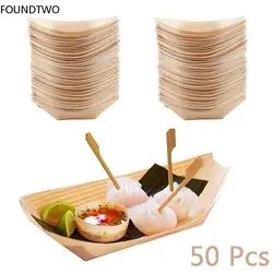 50pcs Wooden Boat Shape Plates Disposable Salad Dessert Pine Cake Snack Serving Bowl Natural Bamboo Sushi Food Plate Tray