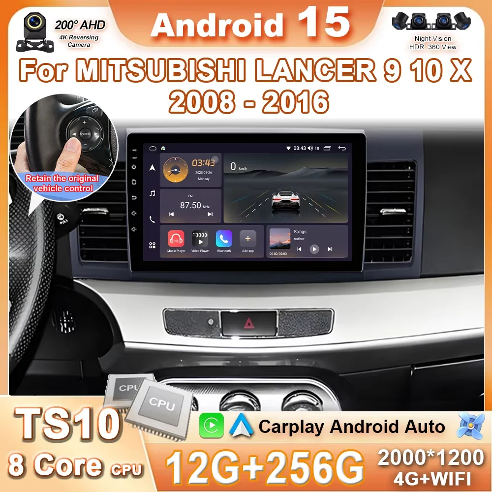 10“ Android 15 Carplay Car Radio for Mitsubishi Lancer 10 CY 2007 - 2017 Multimedia Video Player GPS 4G+Wifi Stereo NO 2DIN DVD