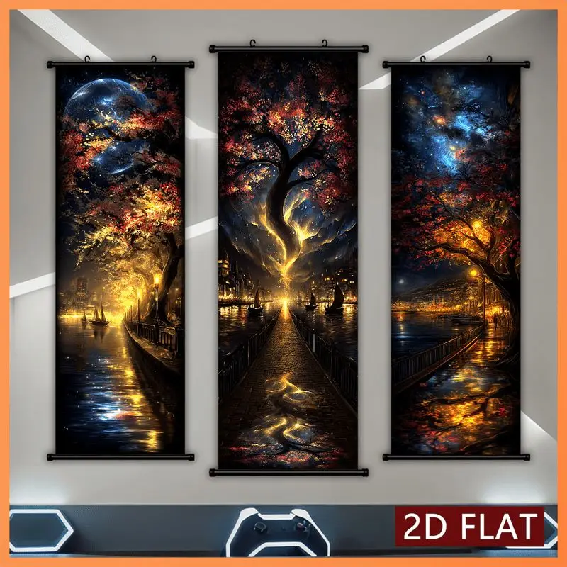VIKAMA Night Maple Starlight Wall Tapestry Water Reflection City Lights Dreamy Scroll Art Home Decor Rustic Charm Soft Durable