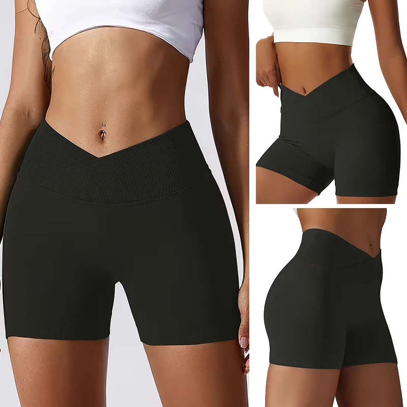 Women's Cross Waist Seamless Biker Shorts High Waist Butt Lift Slim Fit for Yoga Gym Workout