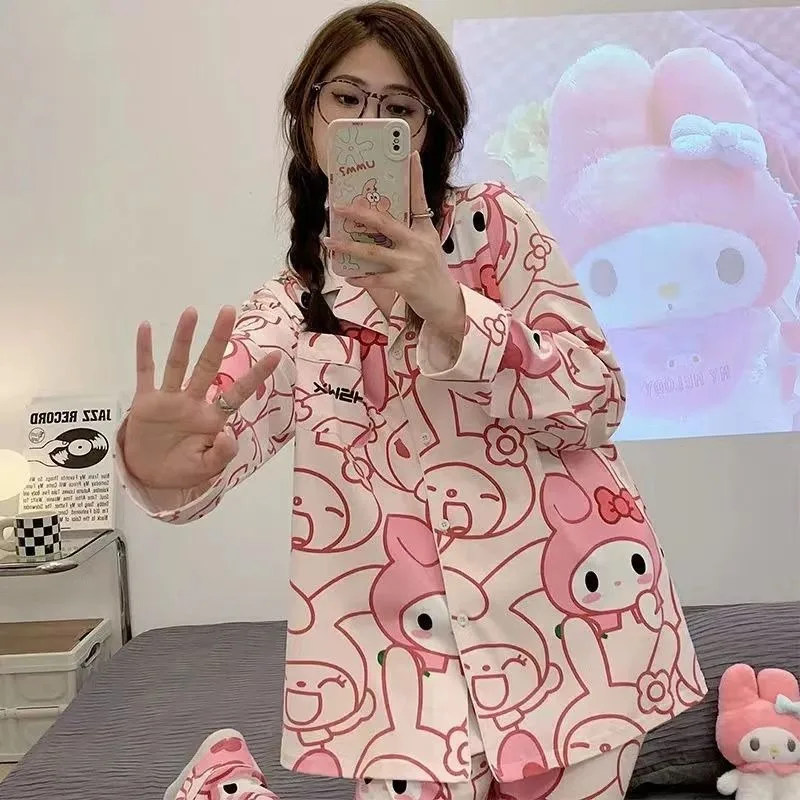 ins cartoon Melody pajamas Sanrio pajamas long-sleeved printing set loose and comfortable loungewear cute Melody loungewear