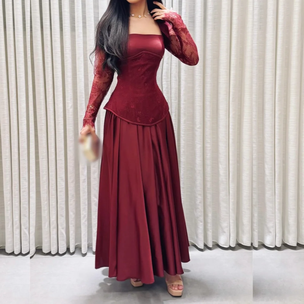 

Классическое кружевное вечернее платье с длинными рукавами на заказ, с квадратным вырезом, А-силуэт, миди, для особых случаев, вечеринок, торжественных мероприятий