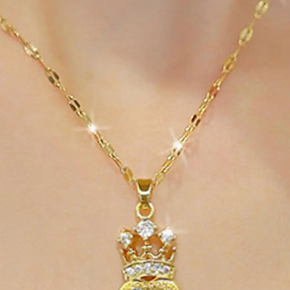 Titanium Steel Necklace Pendant Extended Chain Necklace Rhinestone Heart Crown Pendant Necklace Adjustable Hollow for Weddings
