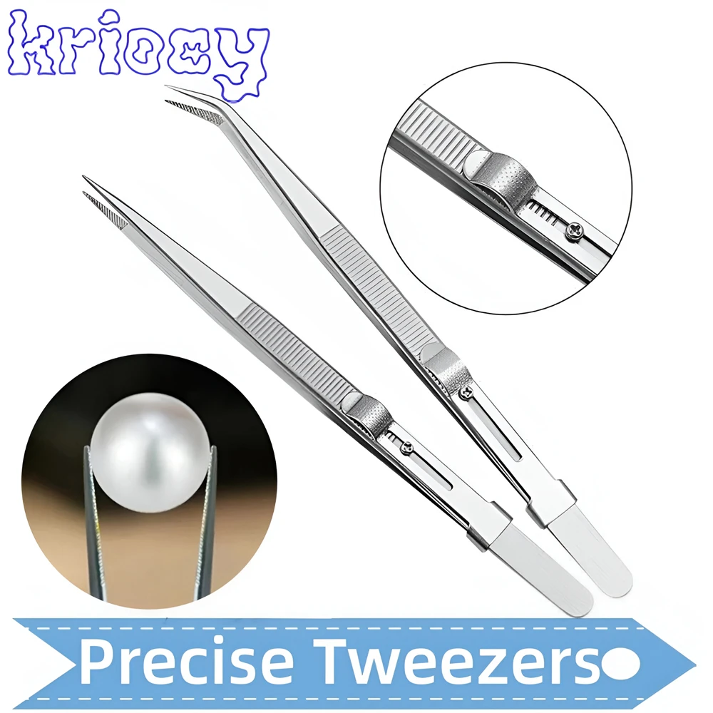 Professional Stainless Steel Tweezers Adjustable with Buckle Slide Lock Antistatic for Diamond Gem Jewelry Making Precision Tool