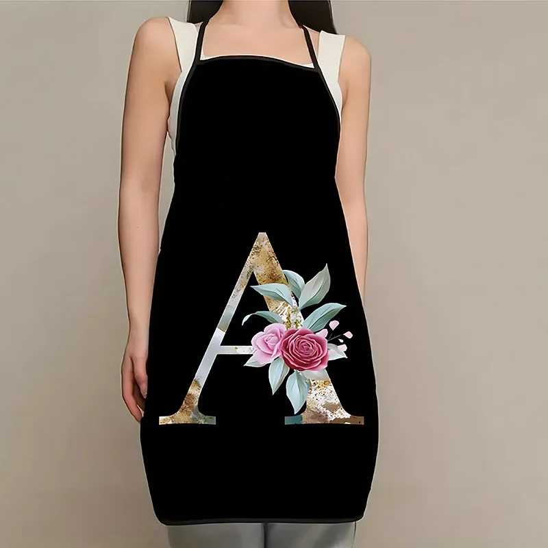 

26 Initials Flower Print Kitchen Apron A-Z Letter Women Cooking Aprons BBQ Chef Waiter Home Baking Cleaning Tool Pinafore
