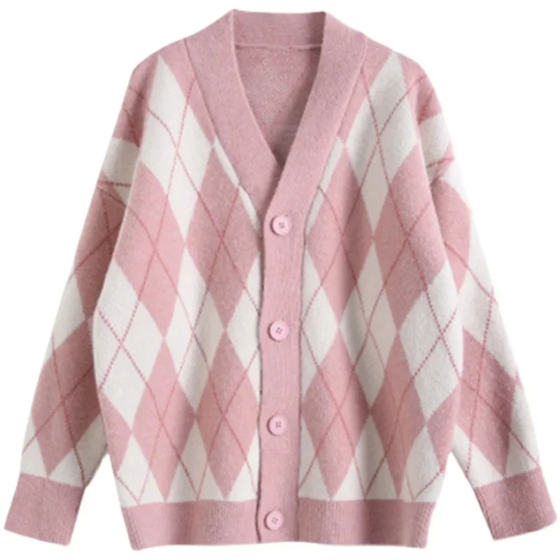 

Women's V-neck Sweater Knit Cardigan Women's Autumn Winter Coat Contrast Color Japanese Lazy Style Loose Diamond Mid-length