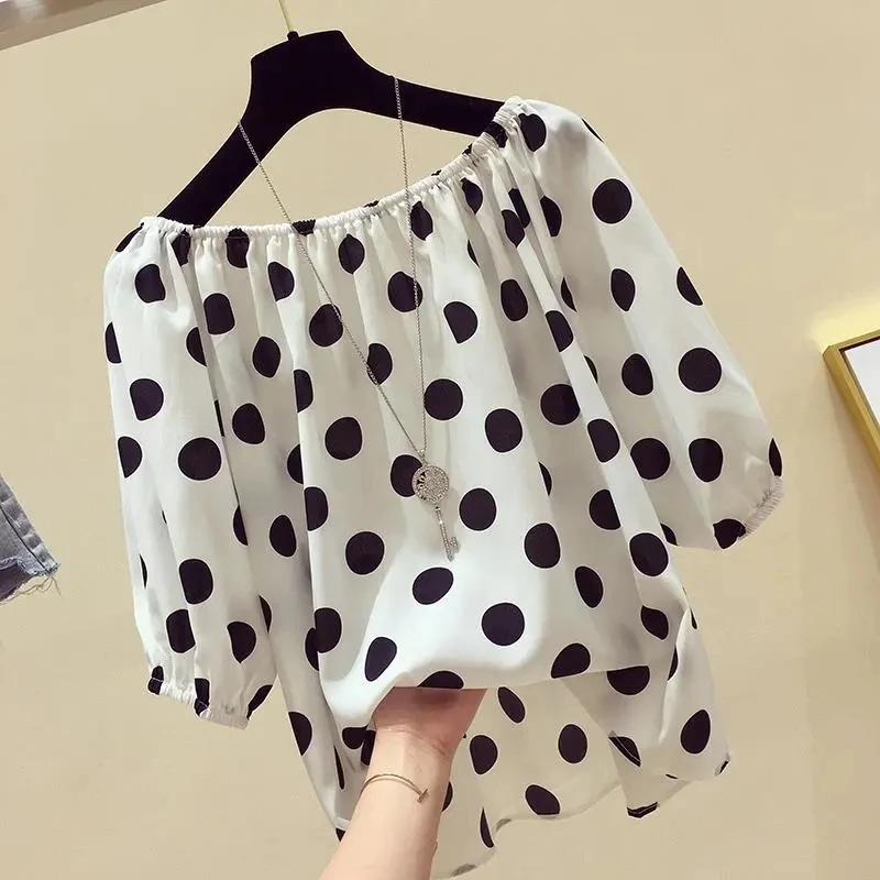 Black Polka Dot Print Chiffon Slash Neck Short Sleeve Loose Women\'s Blouse Shirt Korean Fashion Female Clothing Tops 2024 Summer