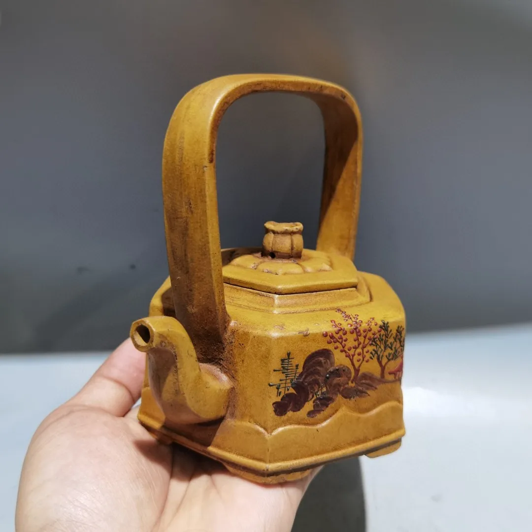 Purple teapot Yixing Purple Clay Teapot Mud painting Landscape pattern Six sided pot Lifting beam pot Kettle Teapot