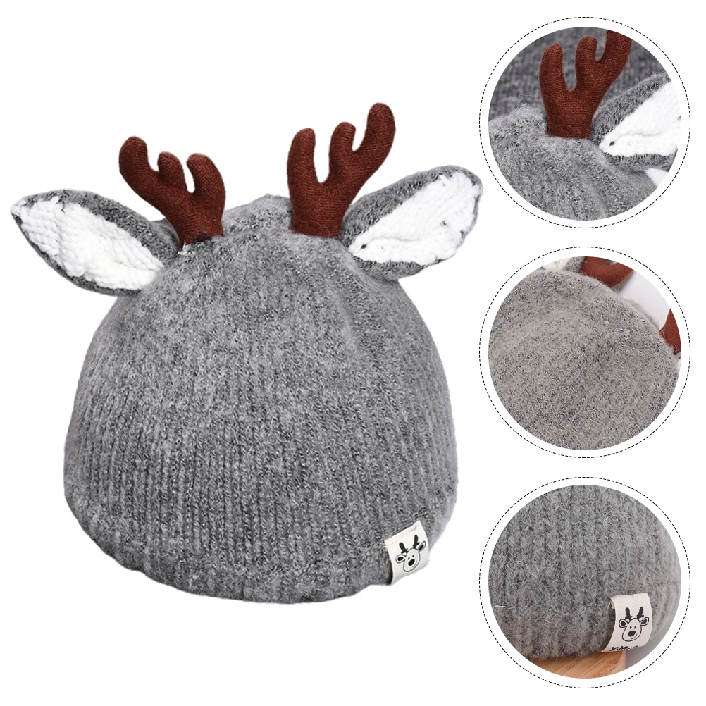 

1pc Winter Baby Kids Knitted Antler Deer Hats Warm Grey Winter Baby Hat Cotton Toddler Woolen Safe Healthy Durable Style