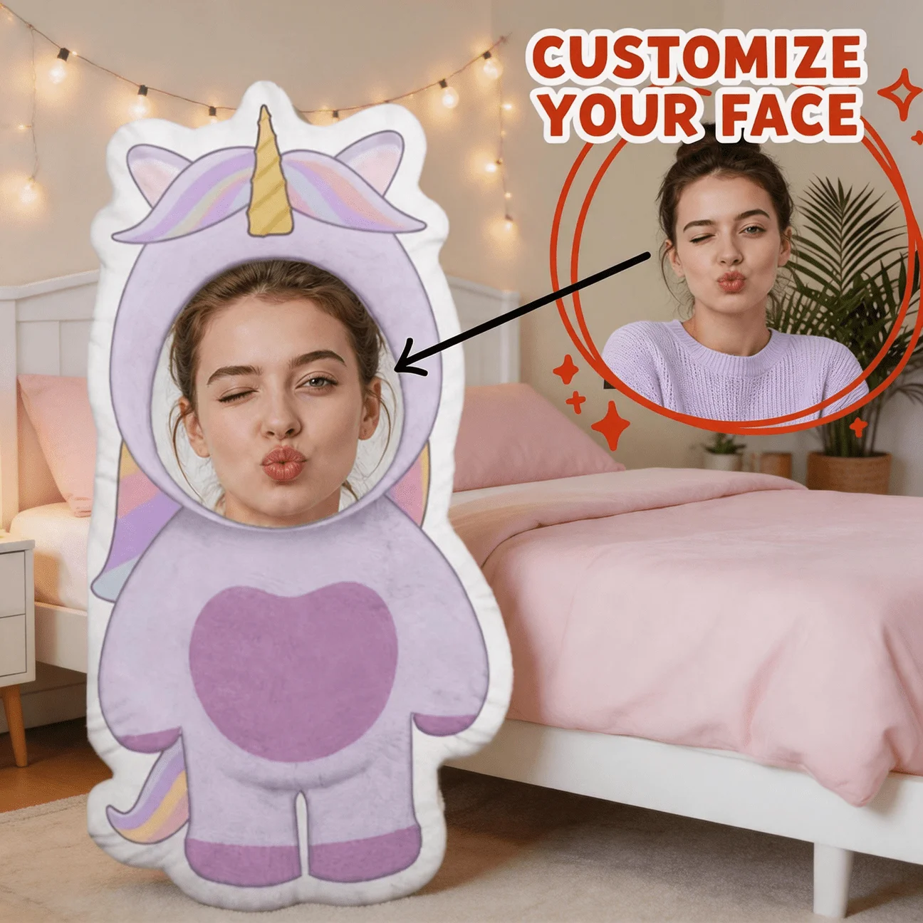 Customized photo unicorn shaped pillow, personalized facial decoration cushion, purple clothing design, 70cm unique home decorat