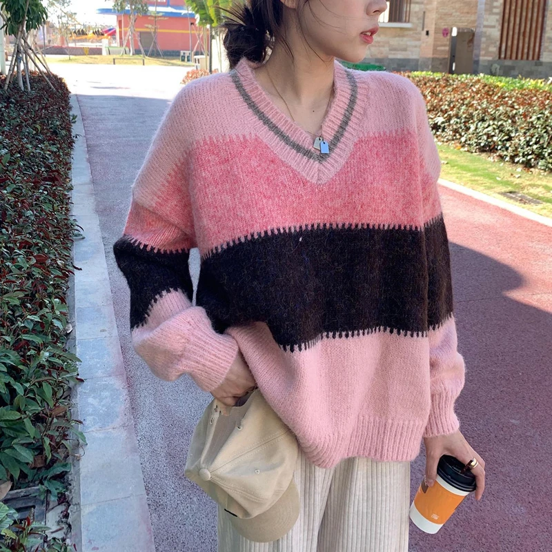 Women\'s Autumn Winter Casual Patchwork Sweater Korean Lady Daily Joker V-Neck Pink Loose Knit Tops Black Dress Outfits 2023 New