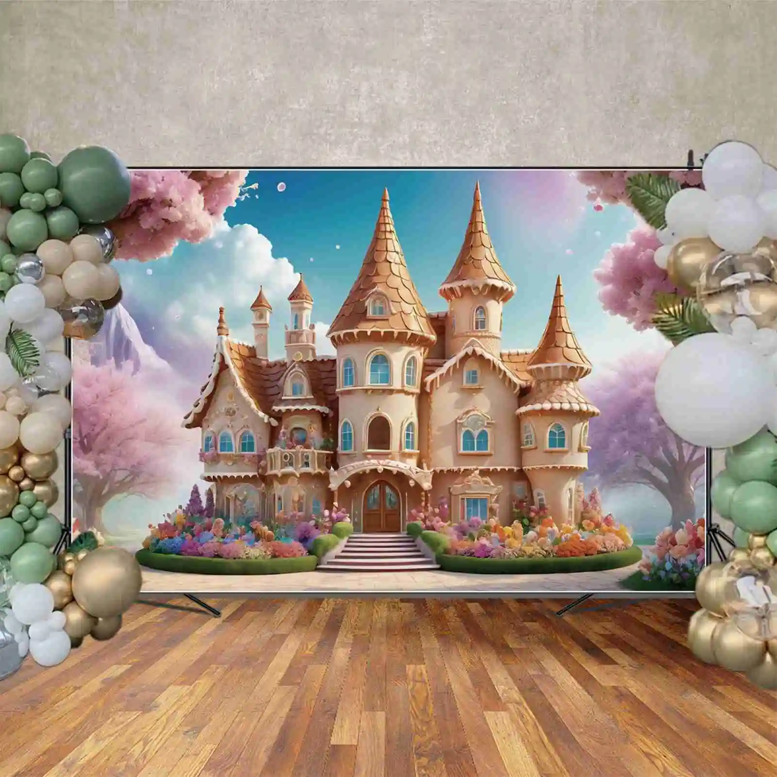 MOON.QG-Fondo de cumpleaños de Castillo de hadas para niñas, Princesa de montaña, Floral, jardín de flores, accesorios de fiesta personalizados