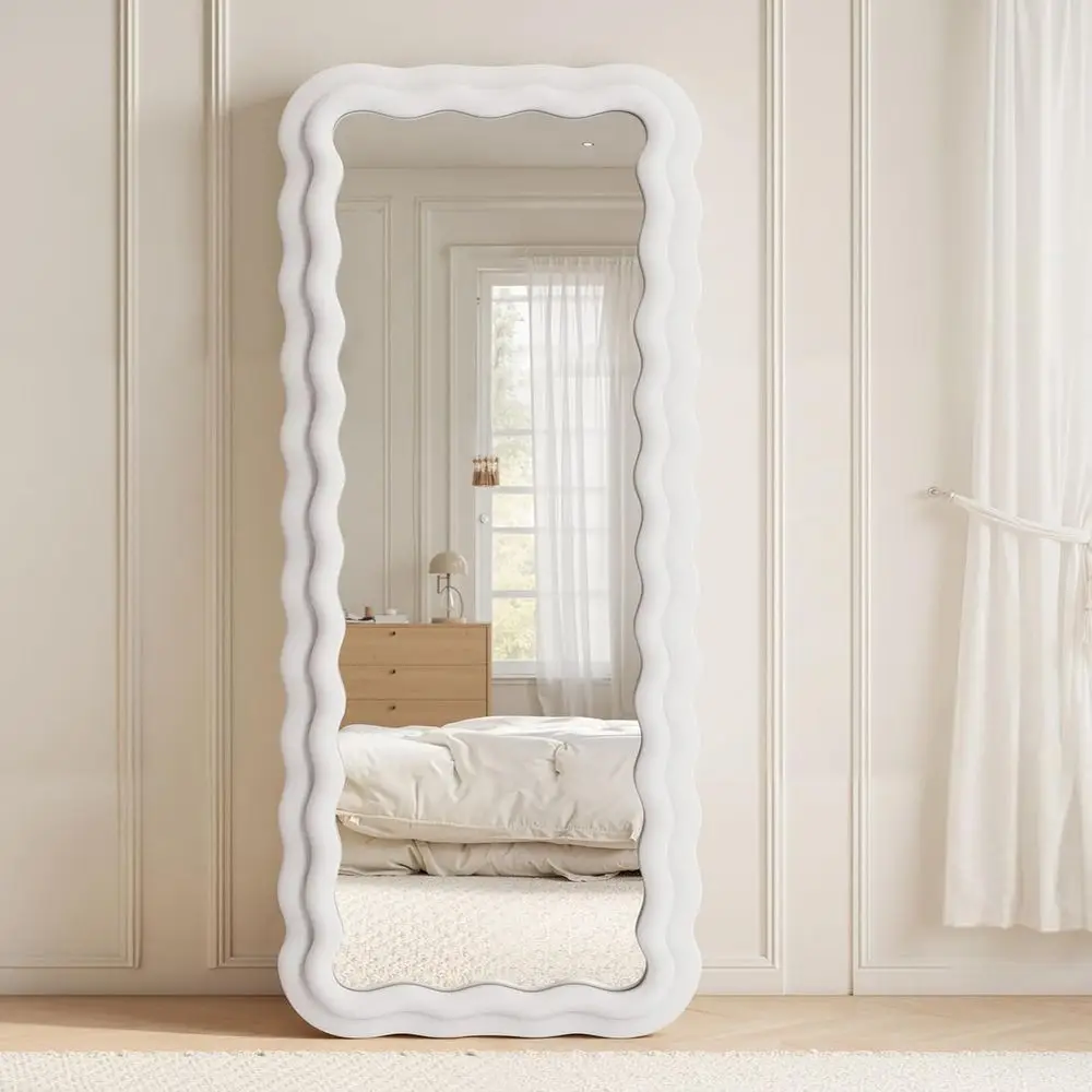 71x30 Wavy Framed Full-Length Wall Mirror - Ivory Panel, Ideal for Leaning or Hanging in Bedroom or Entrance