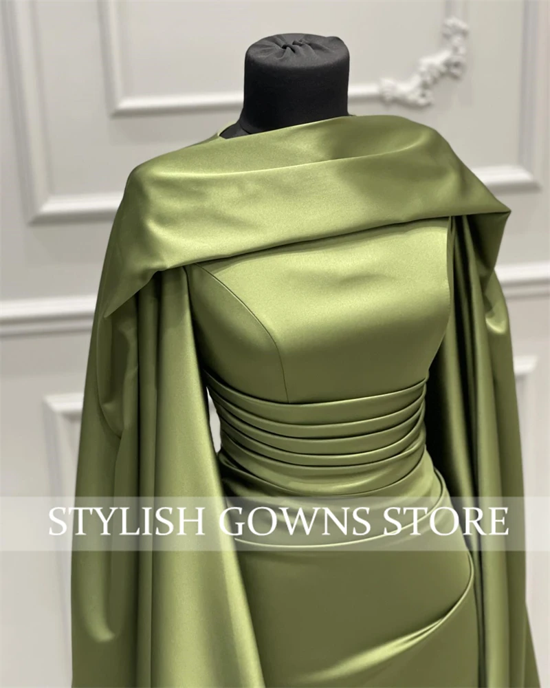 Muslim Green Elegant Evening Dress Woman Long Sleeves Wedding Occasion Gowns Pleats Birthday Party Gown Cape Customized