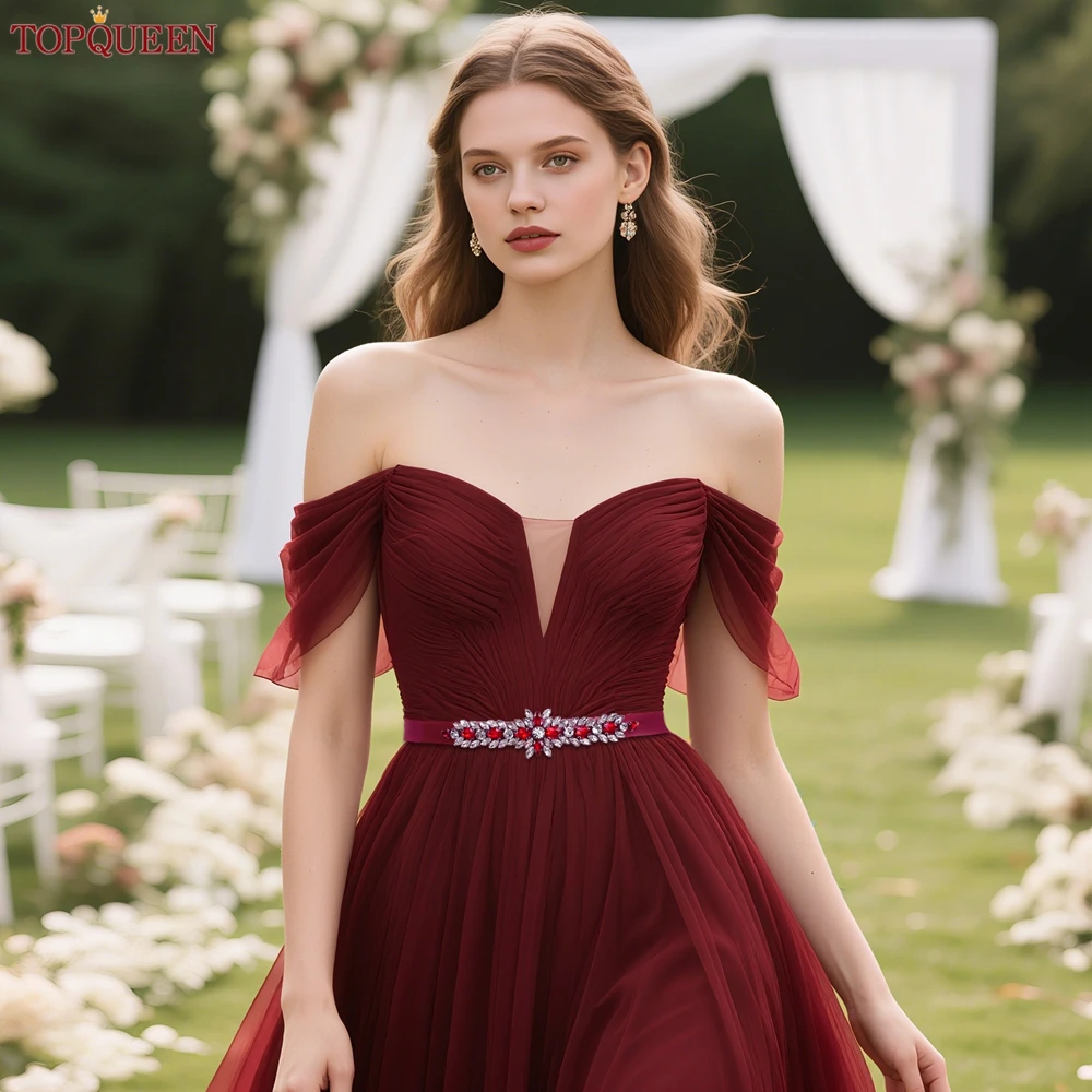 TOPQUEEN Burgundy Rhinestone Bridal Belt Adjustable Waist Jewelry Christmas Costume Accessories Party Evening Belt S191-Red