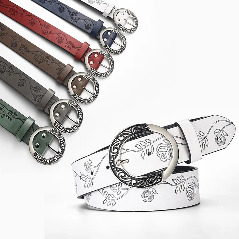 Women Vintage Floral Embossed PU Leather Belt Round Carved Metal Pin Buckle Waist Belt Female Decorative Belts For Jeans Dresses