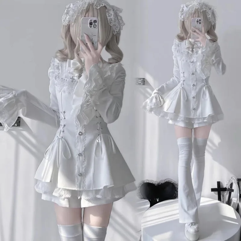 

Japanese Gothic Lolita Dress Set Women Harajuku Bow Lace Ruffles Collar Mini Dresses Female Elegant Party Cute Dress