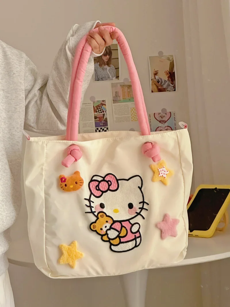 2024 Anime Figure Kitty Canvas Bag Zippered Hello Kitty Student Book Large Capacity Class Tote Bag Shopping Girl Gift