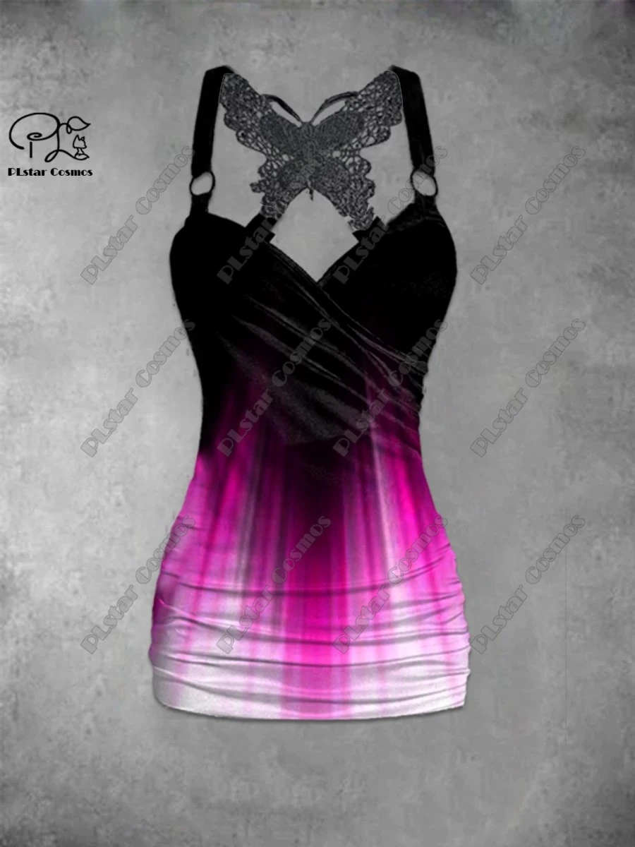 PLstar Cosmos new 3D printed women's black pink white gradient art retro printed butterfly vest + wide leg pants two-piece set