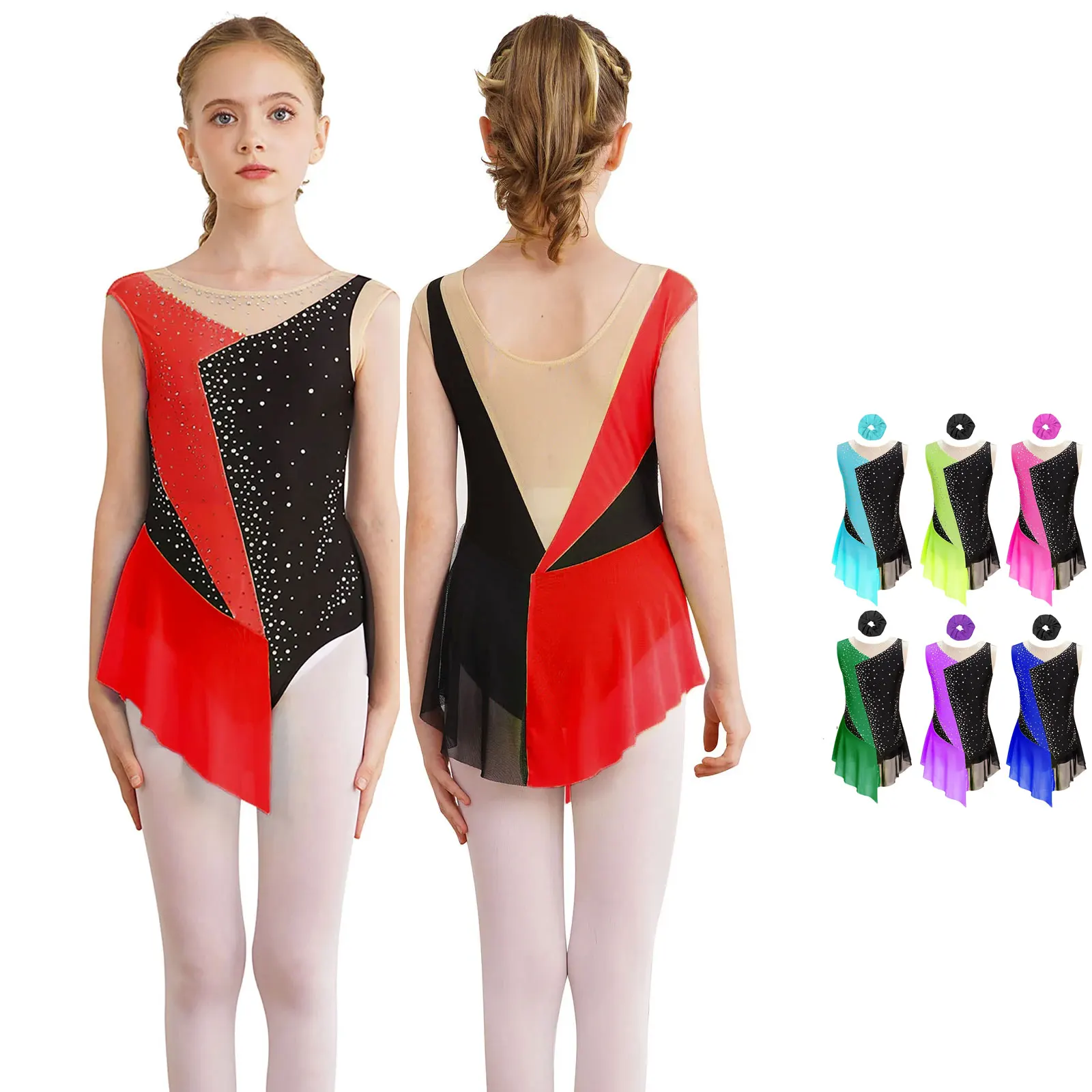 

Girls Sparkly Rhinestone Ballet Dance Dress Figure Skating Leotard Mini Dress Ballerina Costume Gymnastics Performance Dresses