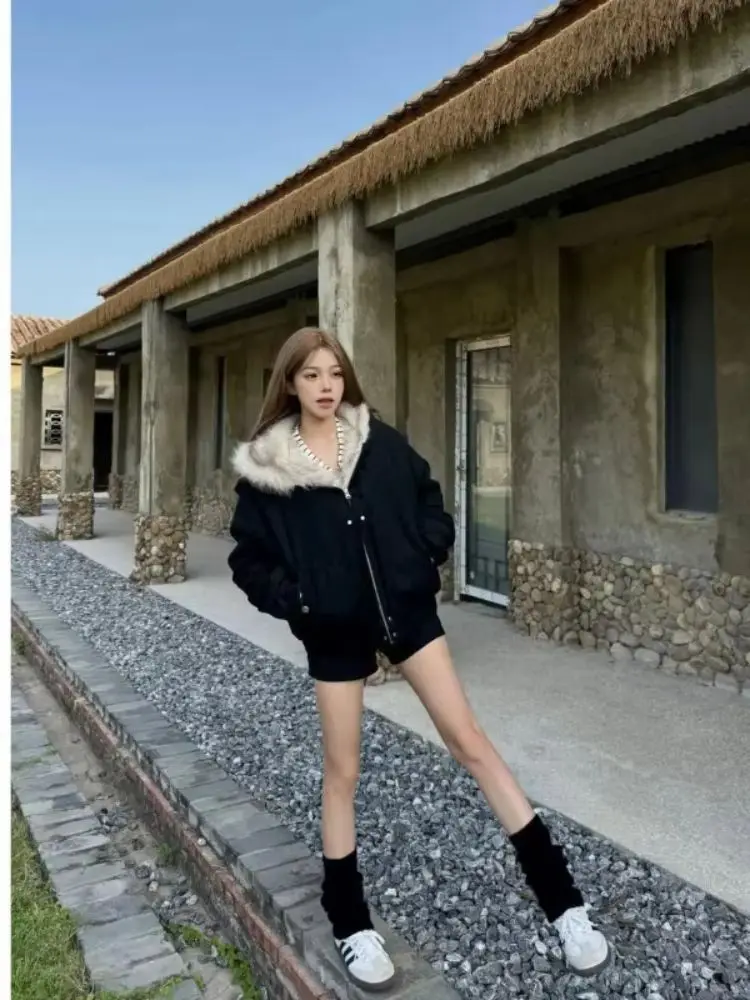 

Y2k Harajuku Long Sleeve Hooded Short Parkas Women Casual Solid Color Clothing American Retro Faux Fur Collar 2025 Autumn