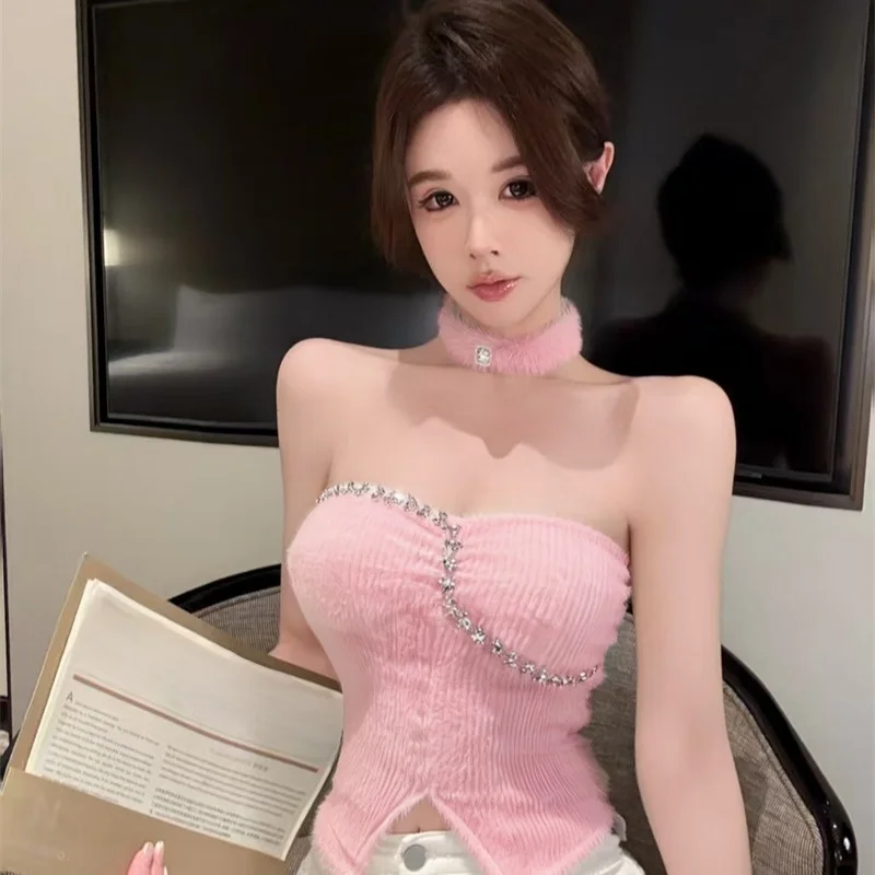 Pure Desire Atmosphere Sensual Mink Sexy Inner Wear Heavy Embellished Diamond Strapless Vest New Autumn Winter Women's Fashion