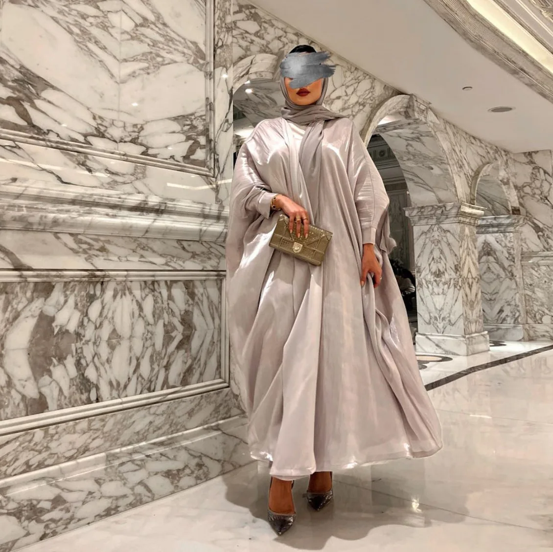 モロッコシルキーサテンオープンアバヤ女性のファッションイスラム教徒バットスリーブささやかな着物ローブラマダンイスラム高級パーティードレス Vestidos