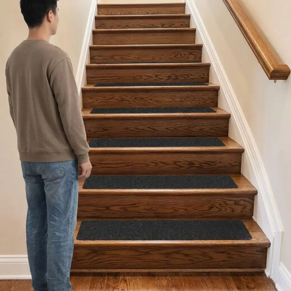 6Pcs Black Frosted Self‑Adhesive Stair Tread Mat Self-Stick Waterproof Stair Grip Tape Strips Tear‑Resistant Pre-Cut
