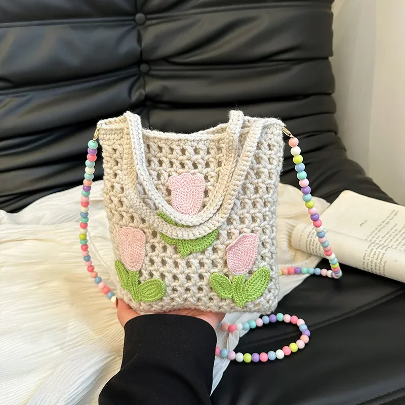 [Finished Product] Wool Woven Bag Handmade  New Trend Handbag Shoulder Bag Cute Flower Knitted Bag