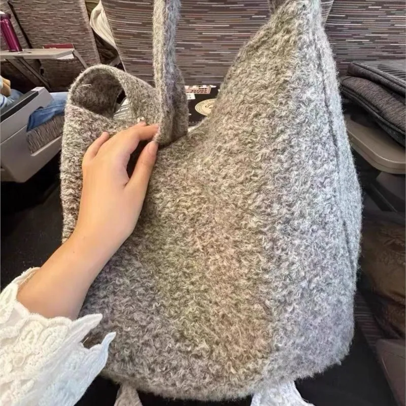 

Korean Gray Wool Tote Bag Women Minimalist Design Large Capacity Shoulder Bags Ladies 2025 New Autumn Winter Casual Underarm Bag