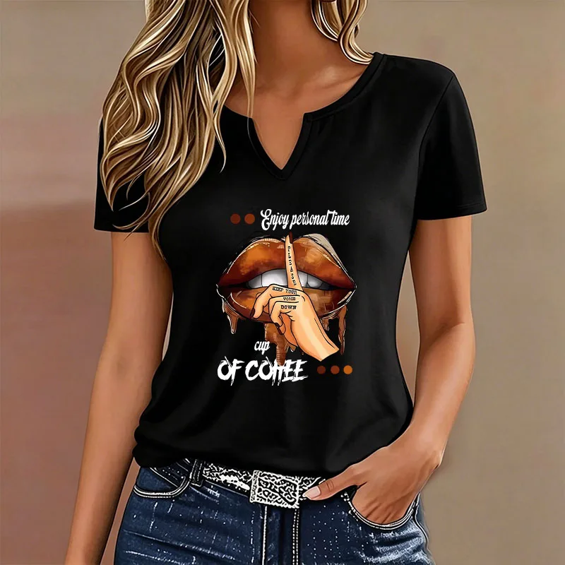 

Fashion Ulzzang T-shirt V Neck Casual Y2k Lips Graphic Printed T Shirts Women Short Sleeve Tee Shirt V-Neck Summer Spring