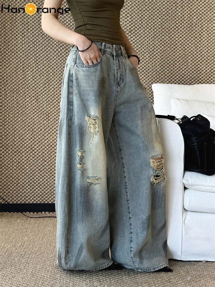 HanOrange 2026 Summer Retro Wasteland Broken Hole Gradient Jeans Women Loose Wide Leg Denim Pants Light Blue