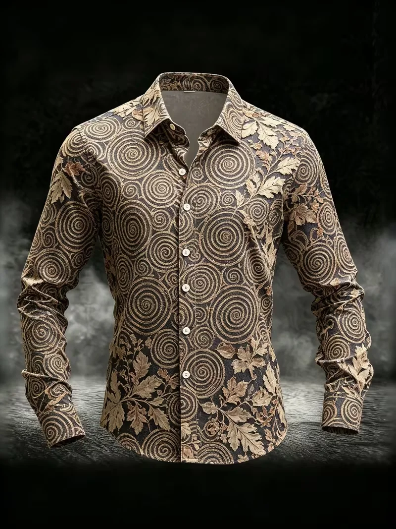 New men's paisley floral rolled grass contrasting splicing 3D printed long sleeved shirt smooth satin lapel top