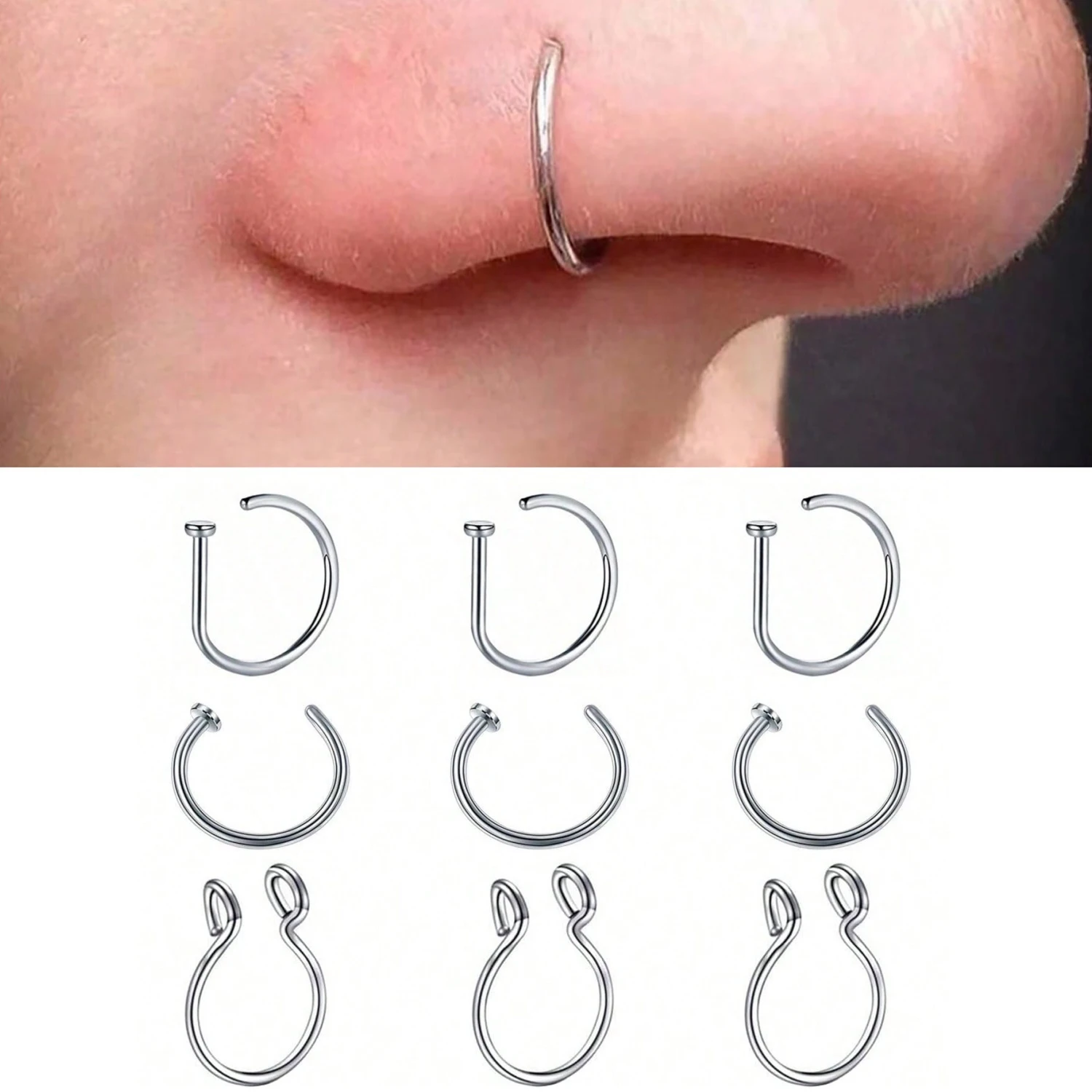 9Pcs Stainless Steel Fake Nose Ring SetHip Hop Nose Septal C/D Clip Ring For Unisex Fake Piercing Body Jewelry Non Piercing