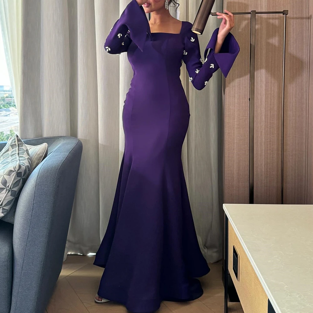 Customized Formal Crystal Flare sleeves Jersey Evening Dress Fashion Straight Floor Length Square Neck Long Sleeves Party Dress