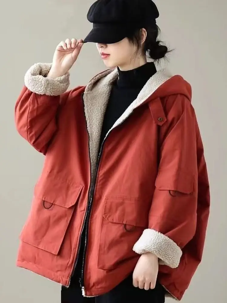 Plus Size Damen Lose Künstlerisch Retro Lange Sve Kapuze Warme Oberbekleidung Winterkleidung Neue doppelseitige Kleidung Lammsamt Kinderbett...