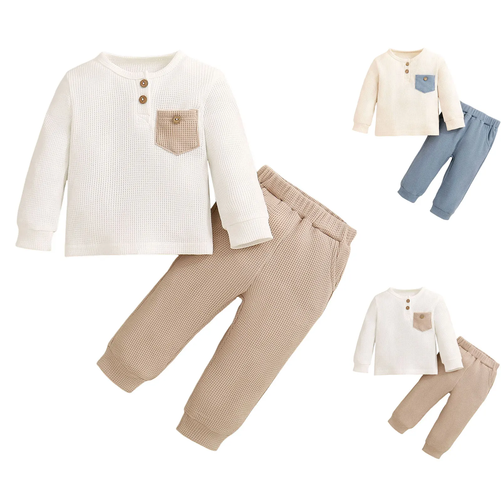 

Baby And Toddler Outfit Set Waffle Knit Long Sleeve Top And Solid Color Pants Comfortable Two Piece Sets Casual Clothing Set