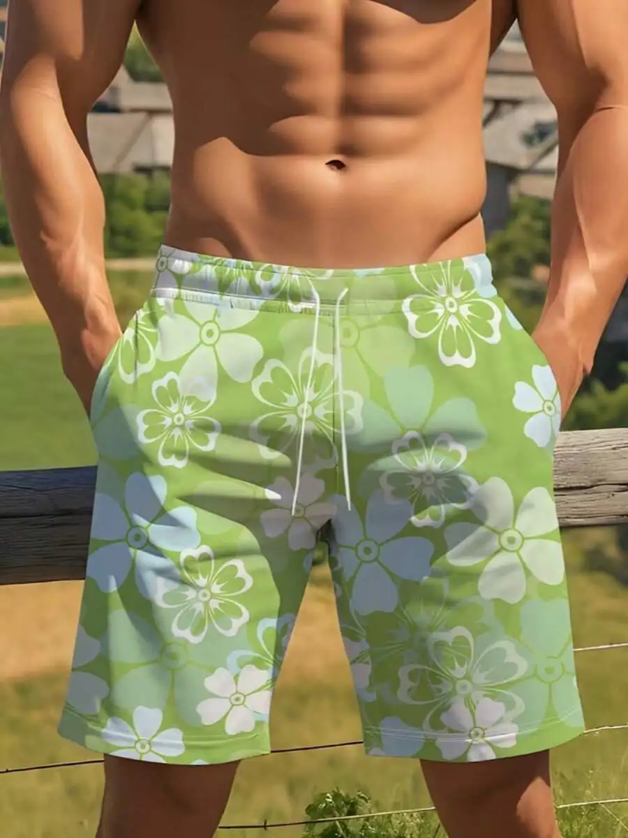 

Mens Floral Print Beach Shorts Elastic Waist Drawstring Loose Fit Lightweight Swim Trunks