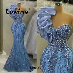 Customized Blue One Shoulder Pearls Mermaid Evening Dress Ruffles Long Prom Dresses Beading Crystals Party Gown For Wedding Robe