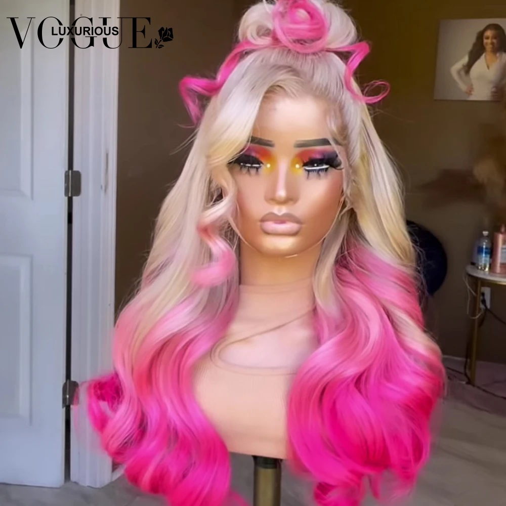 13x6 Ombre Ash Blonde Pink Lace Front Wigs Preplucked Brazilian Virgin Human Hair 13x4 Transparent Lace Wig Wavy Straight