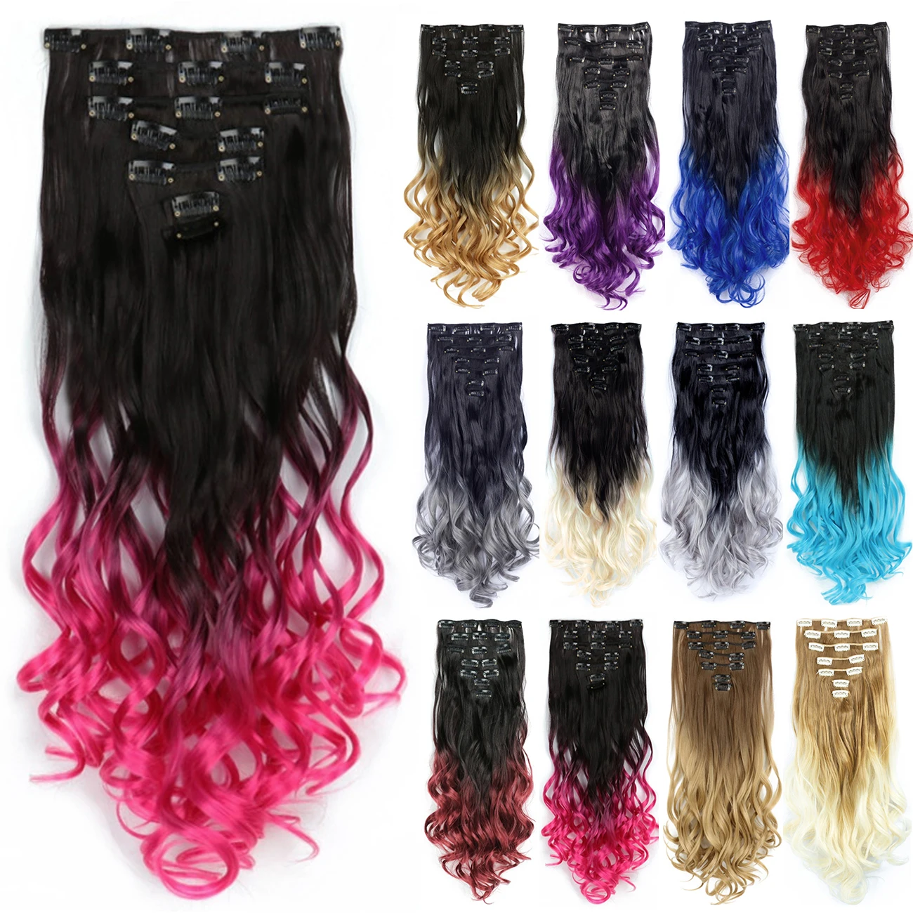 Soowee Curly Synthetic Hair Ombre Pink Clip in Hair Extensions Full Head Hair Pieces for Women Postiche Cosplay Parücken Frauen