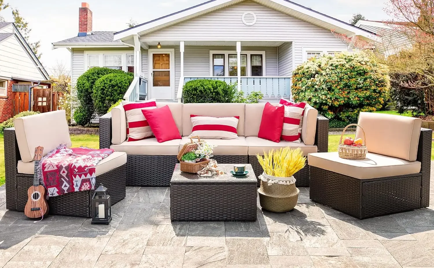 

Outdoor Patio Furniture Set Six Piece PE Wicker Rattan Sectional Sofa Small Patio Conversation Sets With Coffee Table For Garden