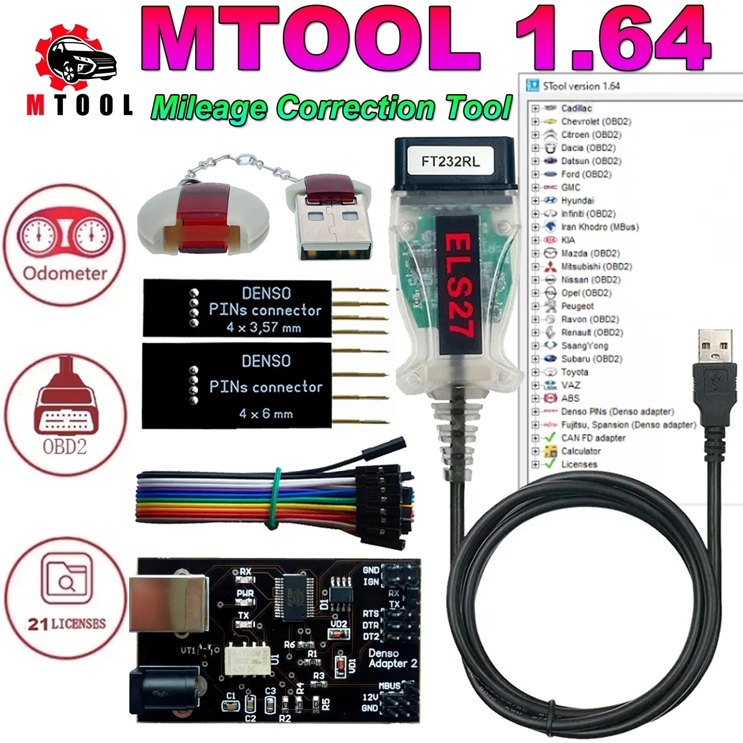 MTool V1.64 Full Set Mileage KM Adjustment Software Dongle +Denso Adapter + Denso Pin Wires Cable Mileage Correction Tool