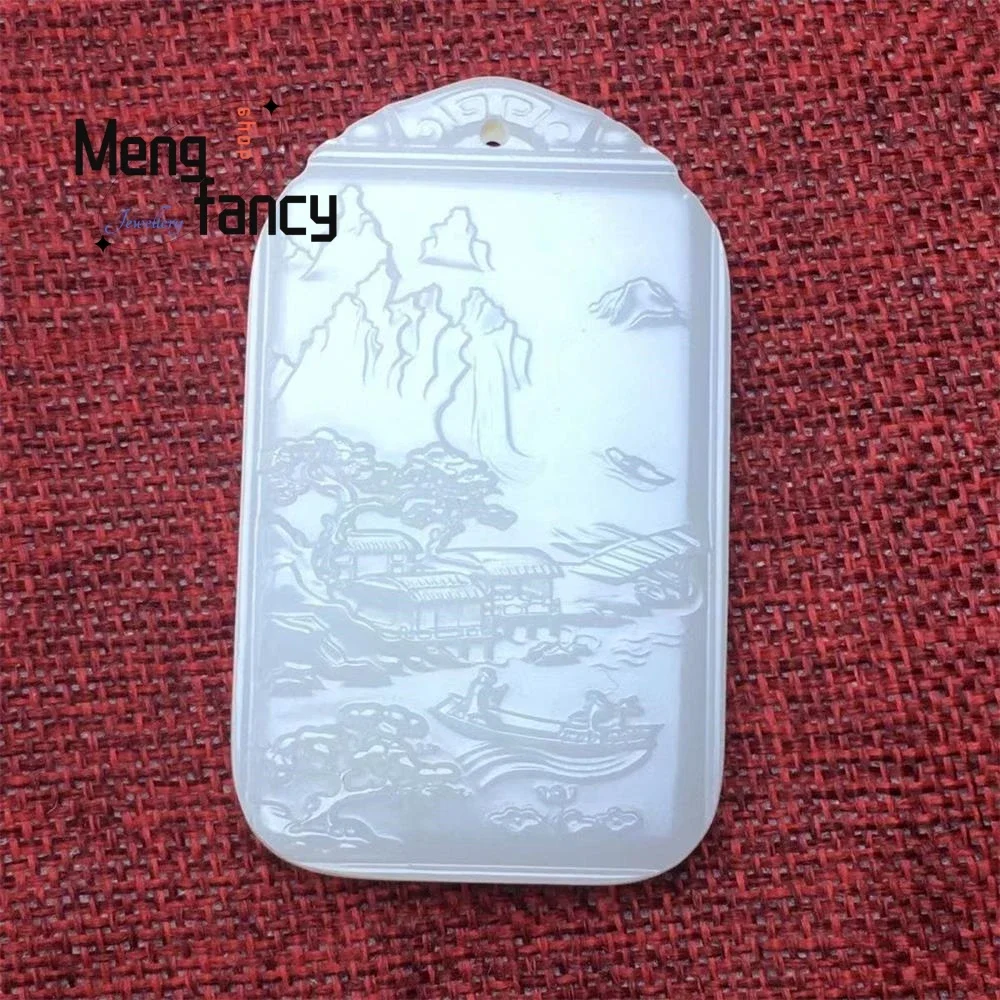 Natural Hetian Sheep Fat White Jade Landscape Pendant Simple Exquisite High-grade Handicraft Luxury Quality Jewelry Holiday Gift