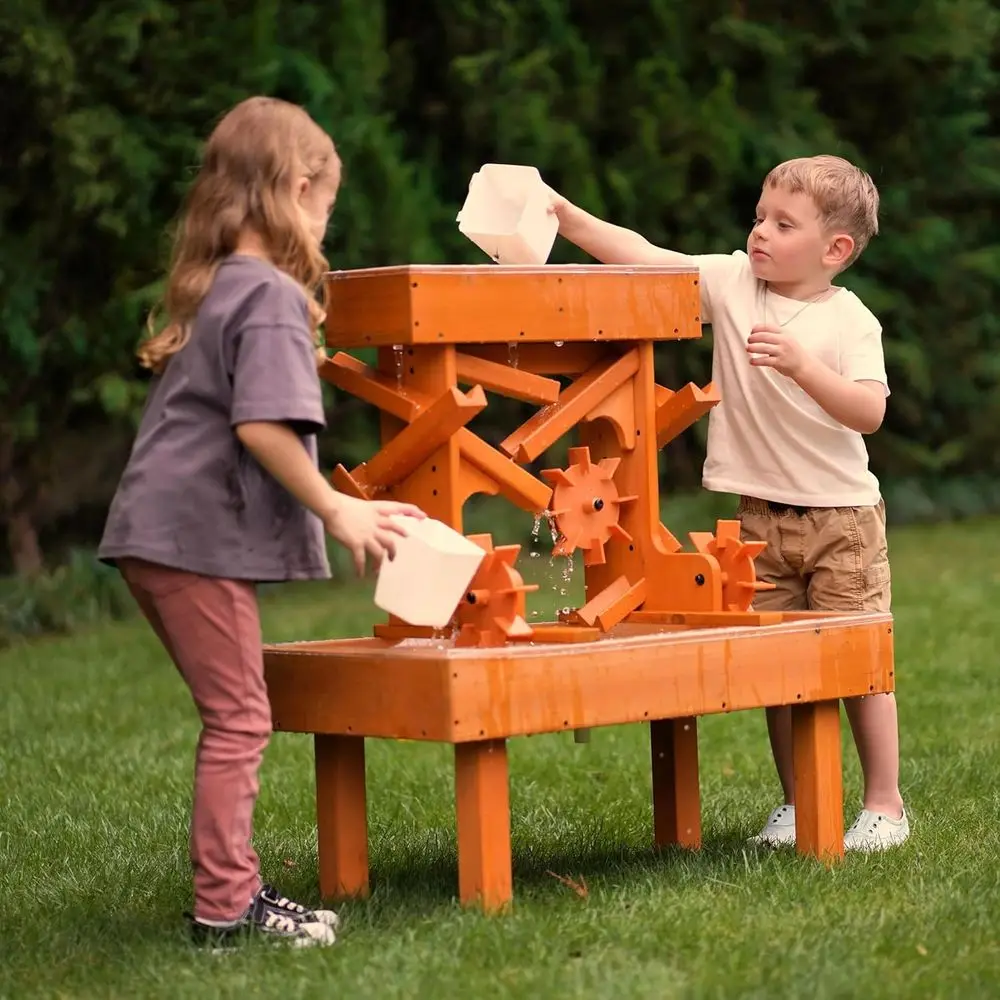 

Wooden Water Play Table for Toddlers with Buckets and Drain, Outdoor Sensory Activity Station