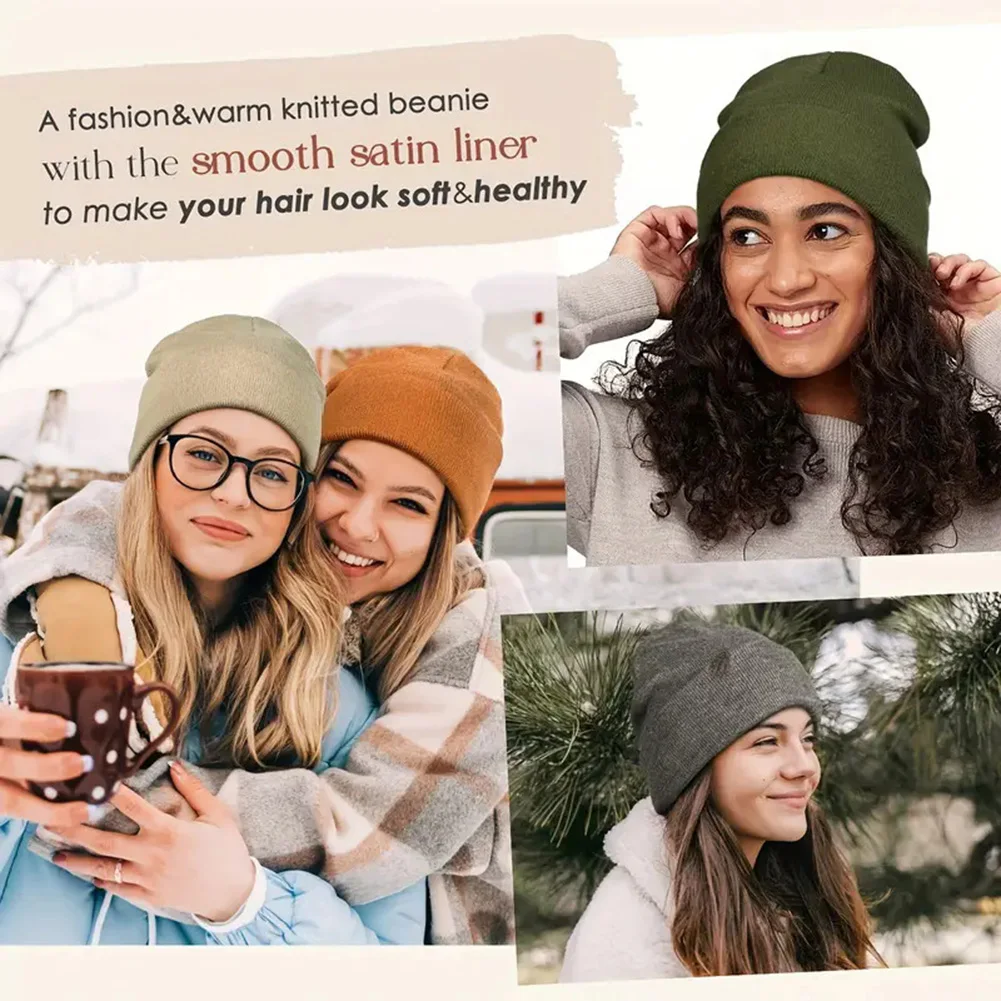 Fashion Winter Warm Beanie High Quality Silk Inside No Static No Frizz No-Tangle Hat Thick Knit Beanies Warm Cap For Head